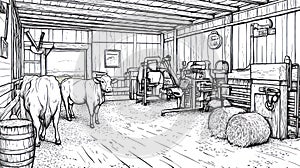 Farm Barn Interior Sketch with Cattle, Hay Bales, and Milking Equipment