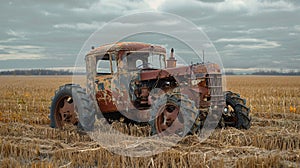 Vintage farm machinery reaping wheat, symbolizing endurance and tradition for generations photo