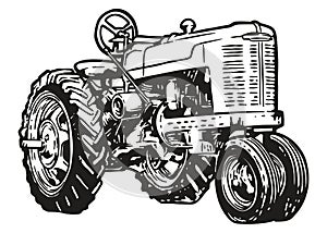 Vintage farm tractor - hand drawn illustration - Out line