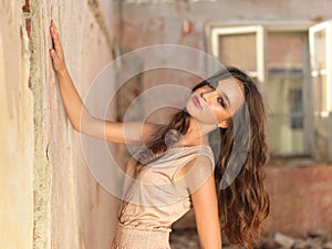 Vintage fashion portrait young woman old house