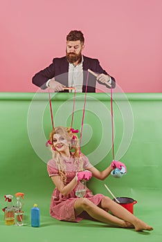 Vintage fashion women puppet and man. Crazy girls and man. Halloween. Housewife. Creative idea. Love. holidays and doll