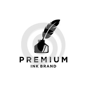 Vintage Feather quill pen logo with black ink pot, scratch icon, classic stationery illustration isolated on white background