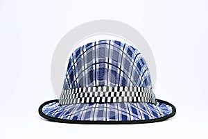 Vintage, felt trilby/fedora hat with plaid blue pattern on a white background.