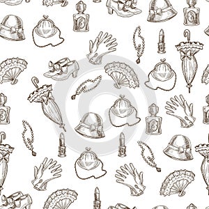 Vintage female accessories monochrome sketches in seamless pattern