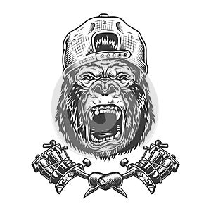 Vintage ferocious gorilla head in cap