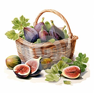 Vintage Fig In Picnic Basket Watercolor Illustration