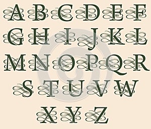 Vintage filigree decorative monograms with capital letters in renaissance victorian style. Vector alphabet