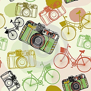 Vintage film camera and bicycles, , seamless pattern pastel colors