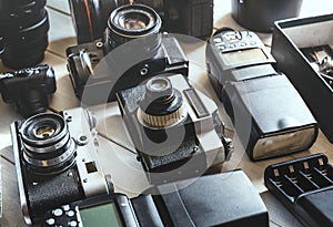 Vintage Film Camera, Digital Camera, Accessories And Lenses Technology Development Concept. Closeup