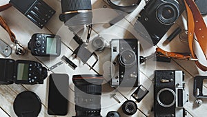 Vintage Film Camera, Digital Camera And Smartphone On White Wooden Background Technology Development Concept. Top View