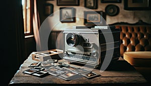 Vintage Film Camera and Photos on Wooden Table