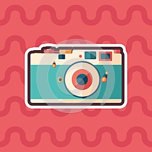 Vintage film camera sticker flat icon with color background.