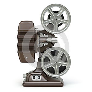 Vintage film movie projector on white.