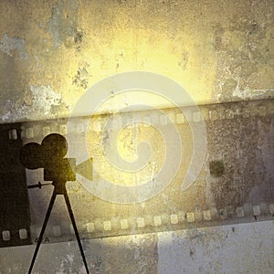 Vintage film strip background and old cinecamera