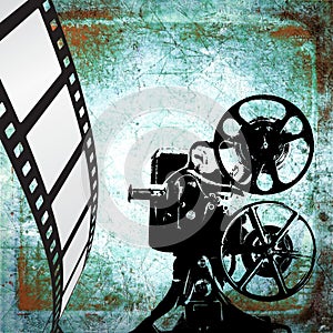 Vintage film strip background and old projector photo