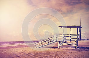 Vintage filtered picture of lifeguard tower, California, USA.