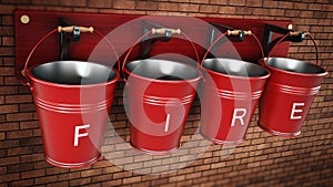 Vintage fire buckets hanging on the wall. 3D illustration
