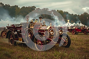 Vintage fire engine on exhibit in an open field for International Firefighters Day