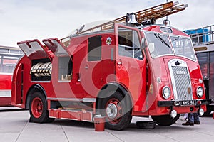 Vintage fire truck outside Riverside Museum, Glasgow, Scotland U