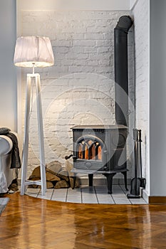 Vintage fireplace in modern interior