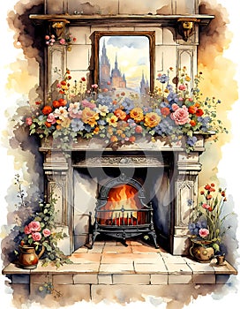 Vintage fireplace with roaring fire and flowers on the mantlepiece