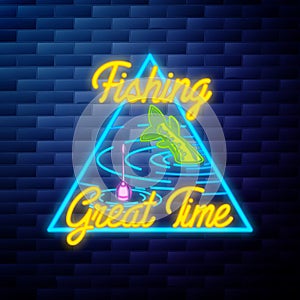 Vintage fishing emblem glowing neon