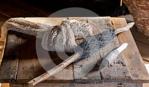 vintage fishing tools in a fishing hut