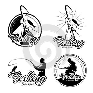 Vintage fishing vector logos, emblems, labels set