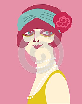 Vintage flapper girl in 1920s style fashion dress. Vector retro woman with fashion vintage accessories on pink background