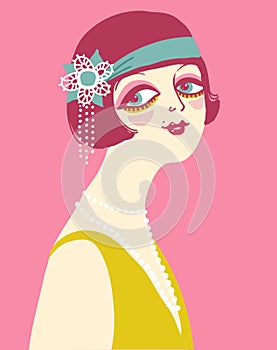 Vintage flapper girl portrait 1920s style fashion dress and accessories. Vector retro woman with dark hair and beads on her neck