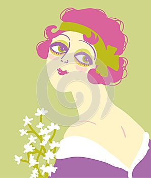 Vintage flapper girl portrait 1920s style fashion dress and flowers. Vector retro woman with pink hair and green ribbon on her