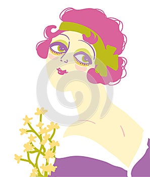 Vintage flapper girl portrait 1920s style fashion dress and white bouquette of flowers. Vector retro woman with pink hair and