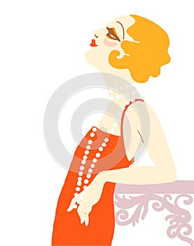 Vintage flapper girl in 1920s style fashion red dress. Vector retro woman with blond hair and fashion lond beads on her neck photo