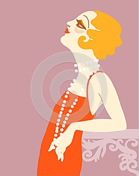 Vintage flapper girl in 1920s style fashion red dress. Vector retro woman with blond hair and fashion lond beads on her neck photo