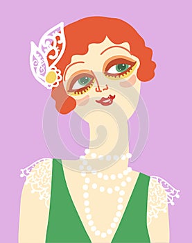 Vintage flapper smiling woman portrait in 1920s style fashion with red hair. Vector retro style flapper girl with retro green
