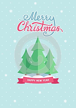 Vintage flat Merry Christmas and Happy New Year greeting card with fir trees and snow hills on the dotted cyan background.