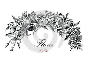 Vintage flora element hand draw engraving style