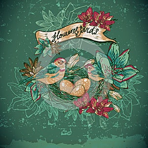 Vintage floral background with birds