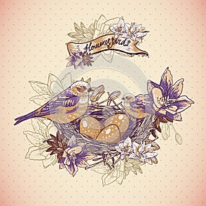 Vintage floral background with birds and nest