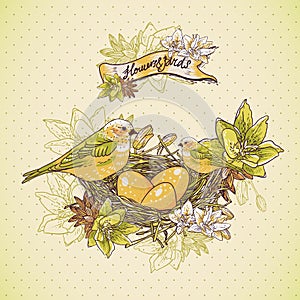 Vintage floral background with birds and nest