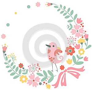 Vintage floral background with cute bird in pastel