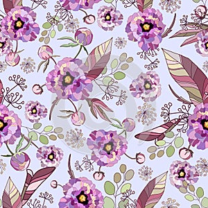 Vintage floral background. Elegance seamless pattern with watercolor flower pansy, peony, roses, eucalyptus leaves. Pink, purple