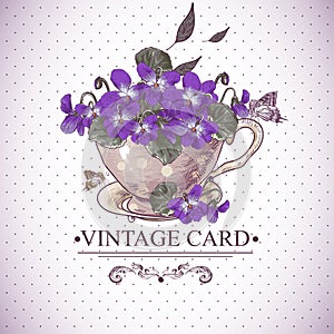 Vintage Floral Background with Violets in a Cup