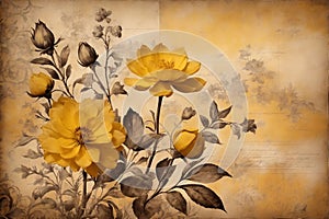 Vintage floral background with yellow roses on old grunge paper