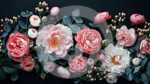 Vintage Floral Banner with Pink Peonies and White Roses on Black Background - Perfect for Cover or Header Design