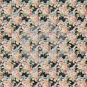 Vintage Floral black and pink roses repeat background shabby chic style