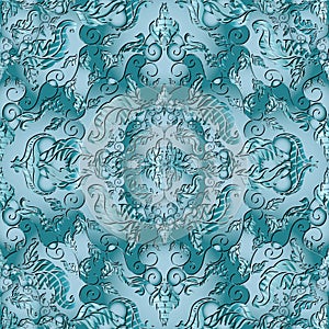 Vintage floral blue 3d seamless pattern. Beautiful background. Elegance repeat flourish backdrop. Grunge flowers with stripes,