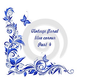 Vintage floral blue corner. Decorative border. Part 4