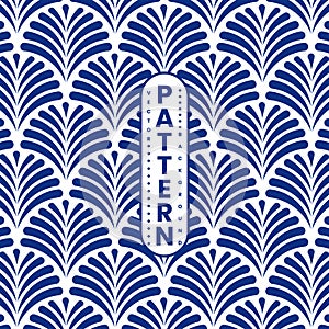 Vintage floral blue seamless pattern leaves and flowers in ornate. Geometric retro style elements. Art Deco concept