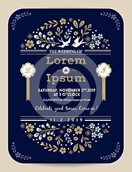 Vintage floral blue wedding invitation card